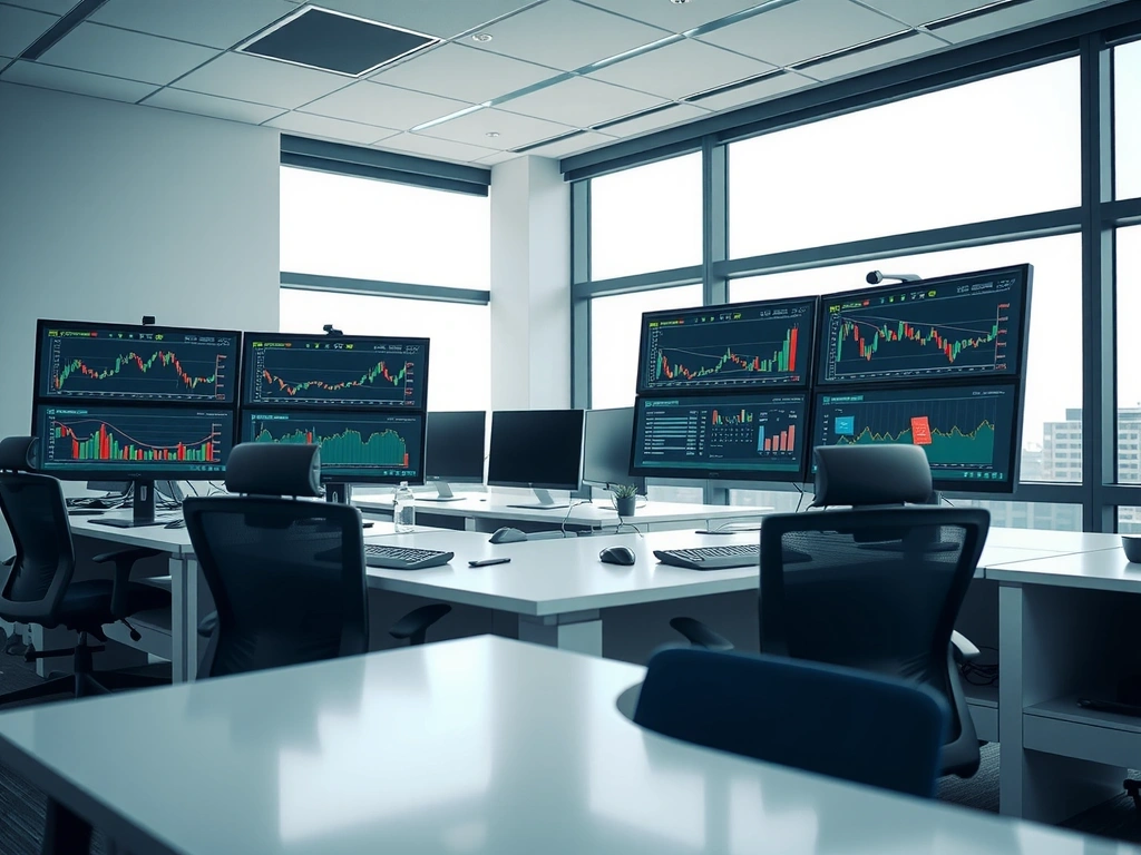 Modern fintech workspace with trading monitors
